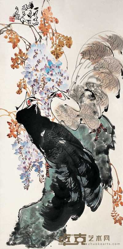 谭昌镕 1994年作 紫藤双禽 立轴 137×68cm